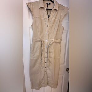 PAIGE Beige Midi Denim Dress with Button Detail